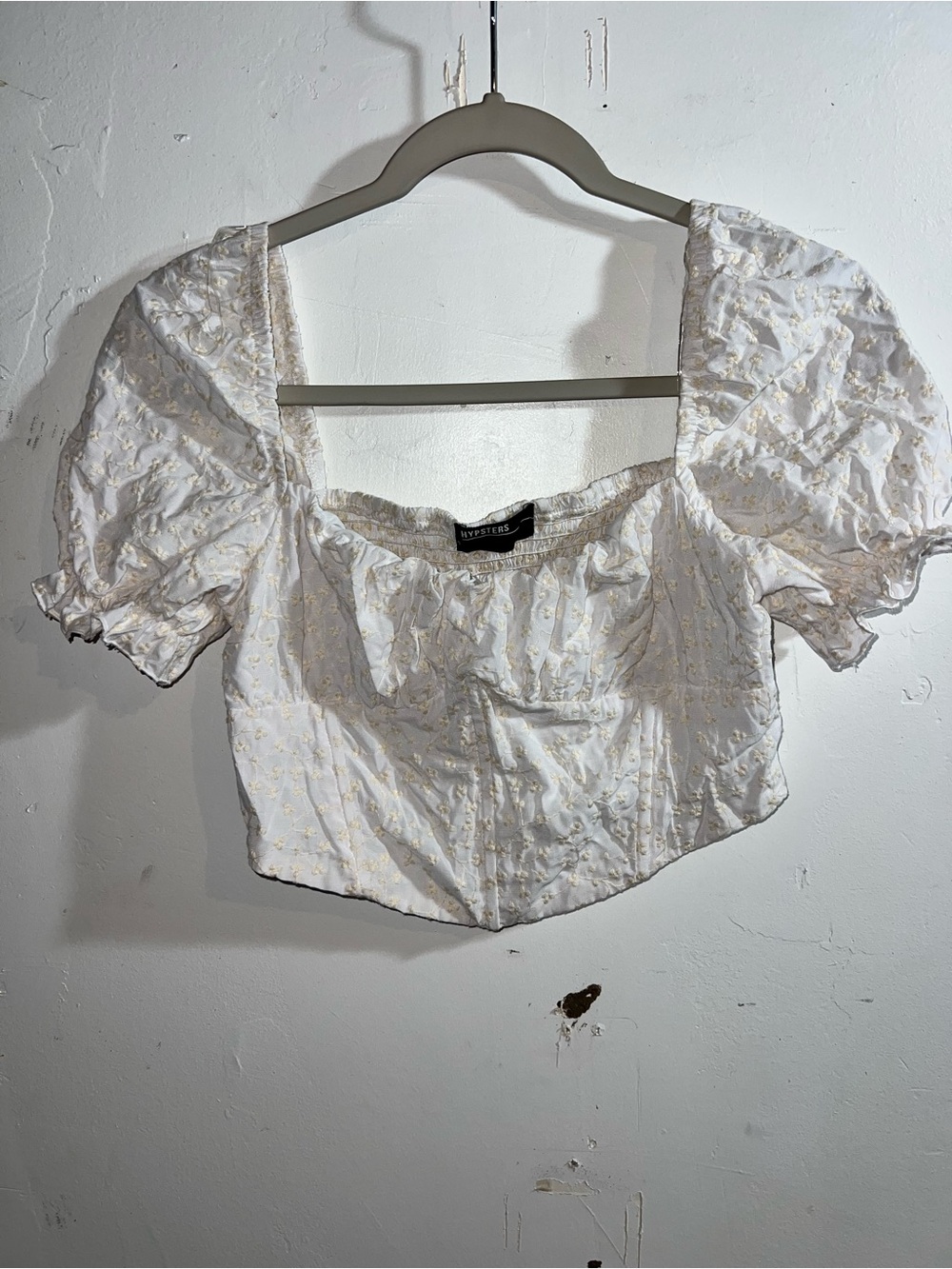 White Puff-Sleeve Cropped Blouse with Gold Embroidery